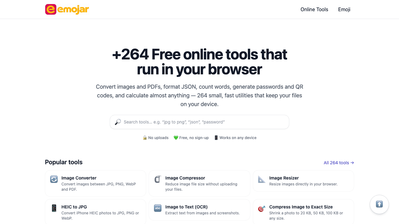 Emojar's homepage, headlined 264 free online tools that run in your browser, with a tool search box and popular tools such as Image Converter and HEIC to JPG