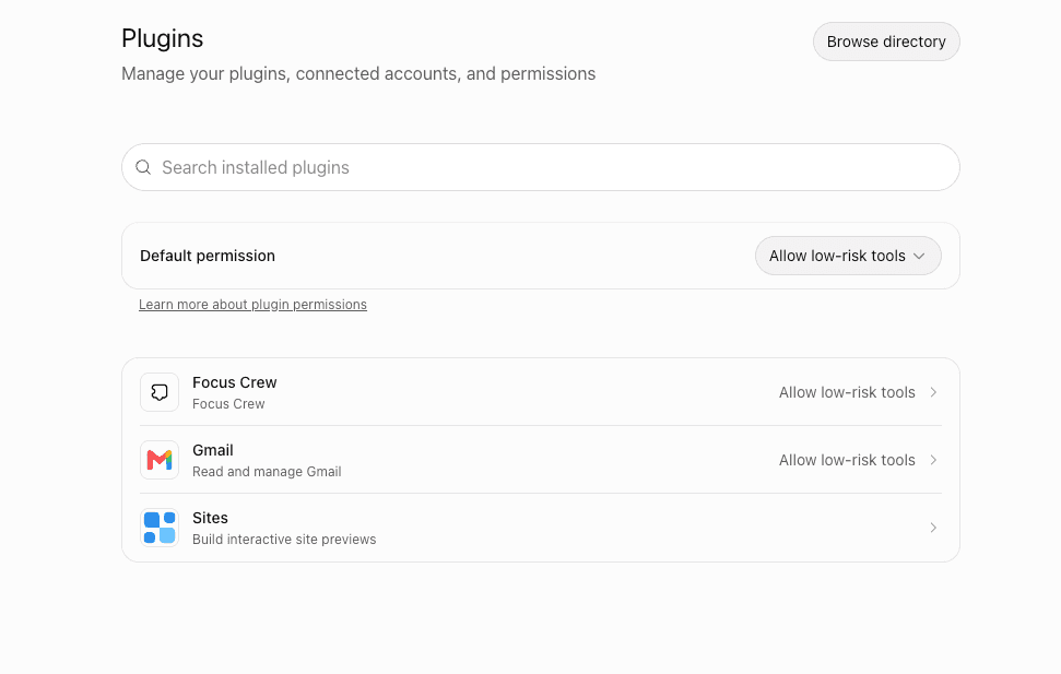 FocusCrew in ChatGPT's Plugins settings, next to Gmail and Sites