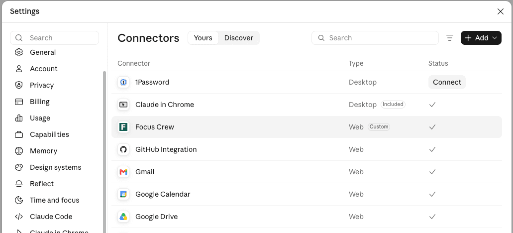 FocusCrew listed as a custom connector in Claude's settings