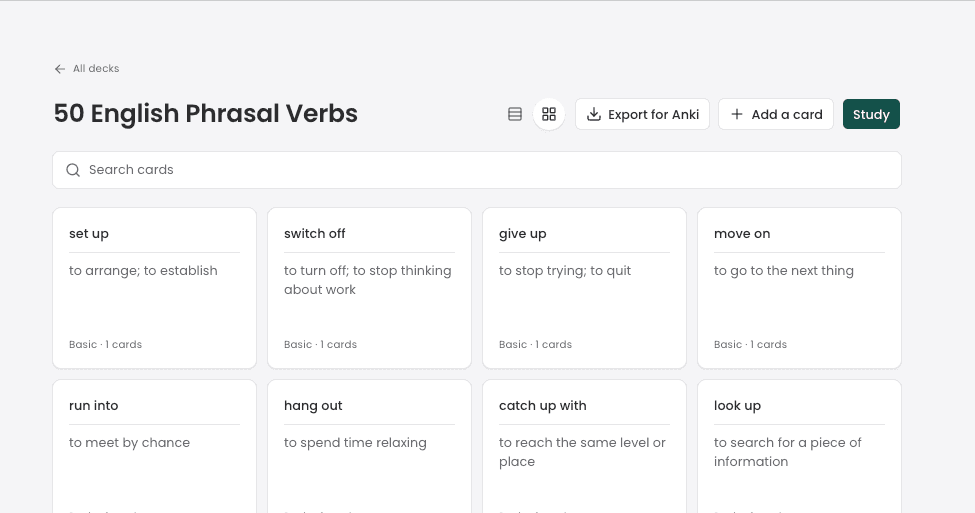 FocusCrew's deck page for 50 English Phrasal Verbs, with cards such as set up, give up and run into