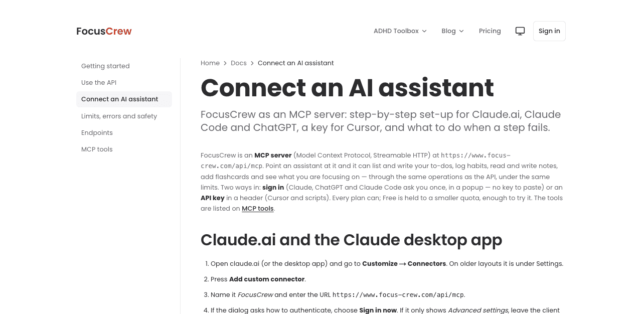 FocusCrew's Connect an AI assistant documentation page