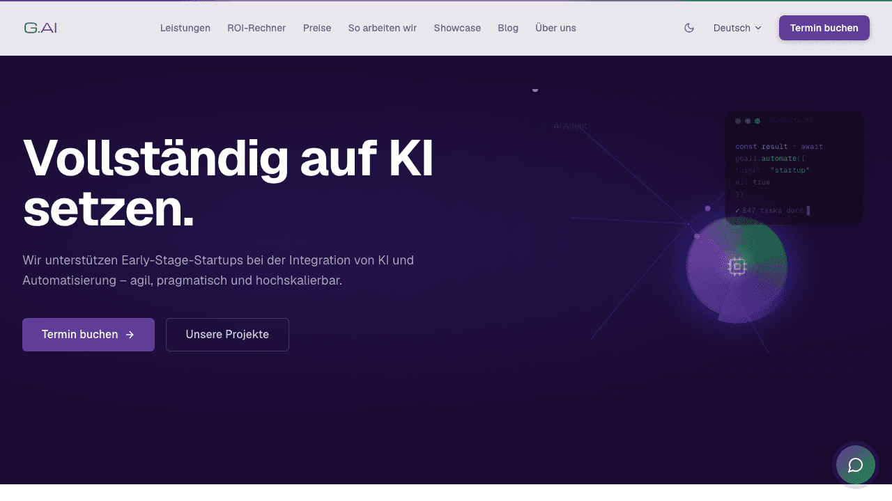 GoAll.ai's German homepage, headlined Vollständig auf KI setzen, with a Termin buchen button