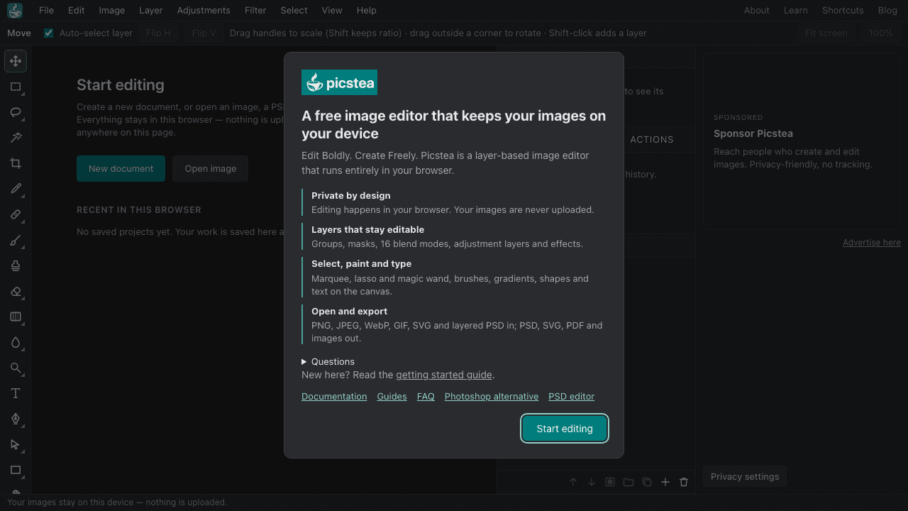 Picstea's editor with its welcome panel open, listing private editing, editable layers, selection and painting tools, and PSD import and export